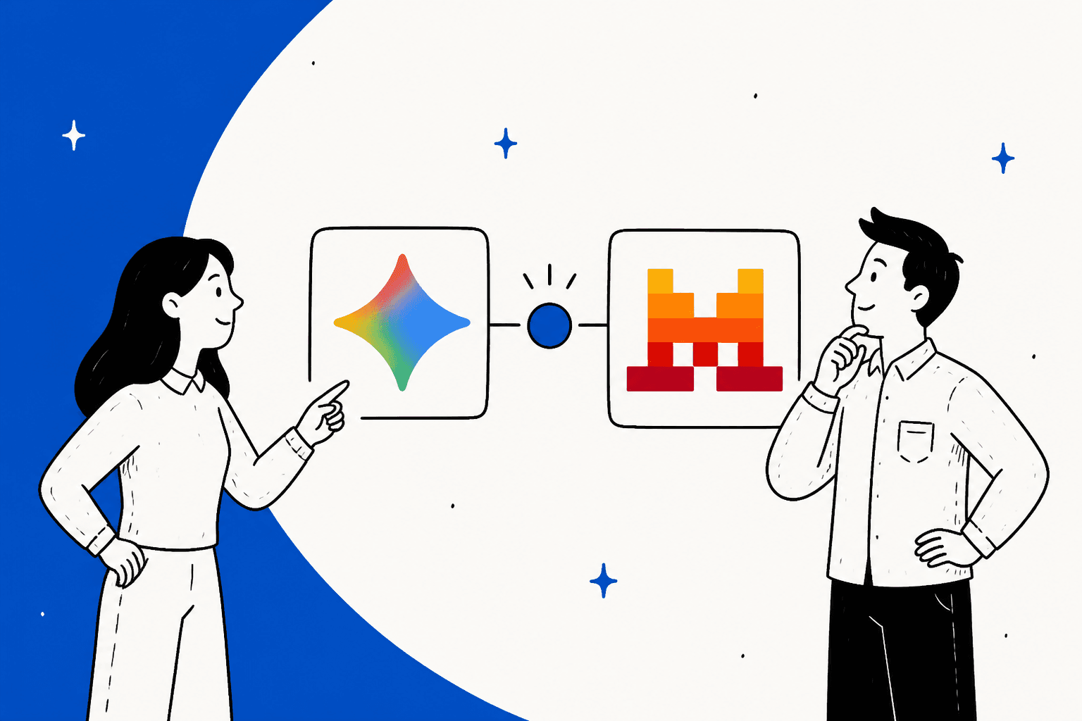 Illustration of two people comparing the Gemini and Mistral AI logos