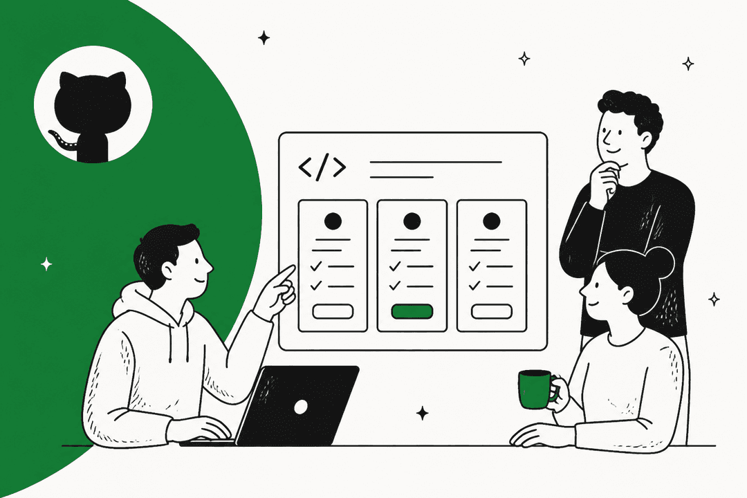 Illustration of three people reviewing a GitHub Copilot pricing page with plan cards on a screen