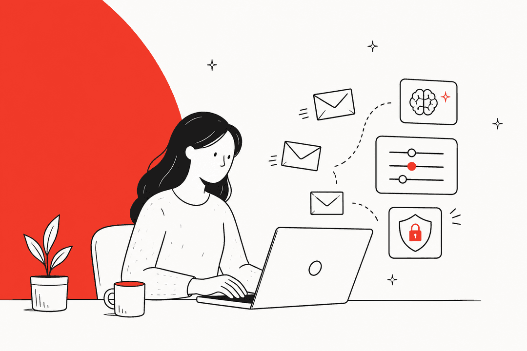Illustration of a person at a laptop with email envelopes, AI, settings and privacy icons