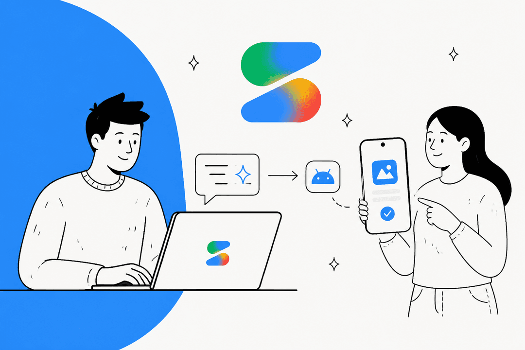 Hand-drawn illustration of a developer typing an app idea into Google AI Studio on a laptop while a second person holds the finished Android app on a phone