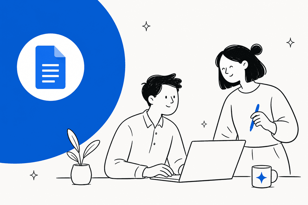 Hand-drawn illustration of two colleagues at a laptop with the Google Docs logo, for a guide to Google Docs AI (2026)