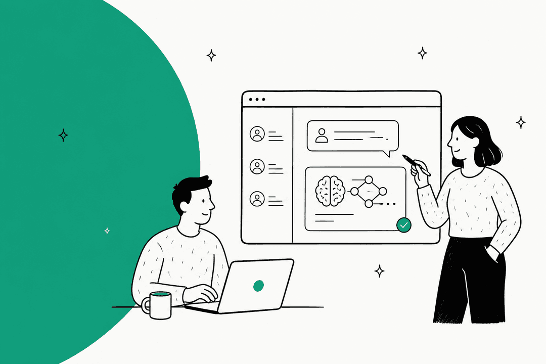 Two people reviewing a reasoning model workflow on a support dashboard, with a green half circle behind them