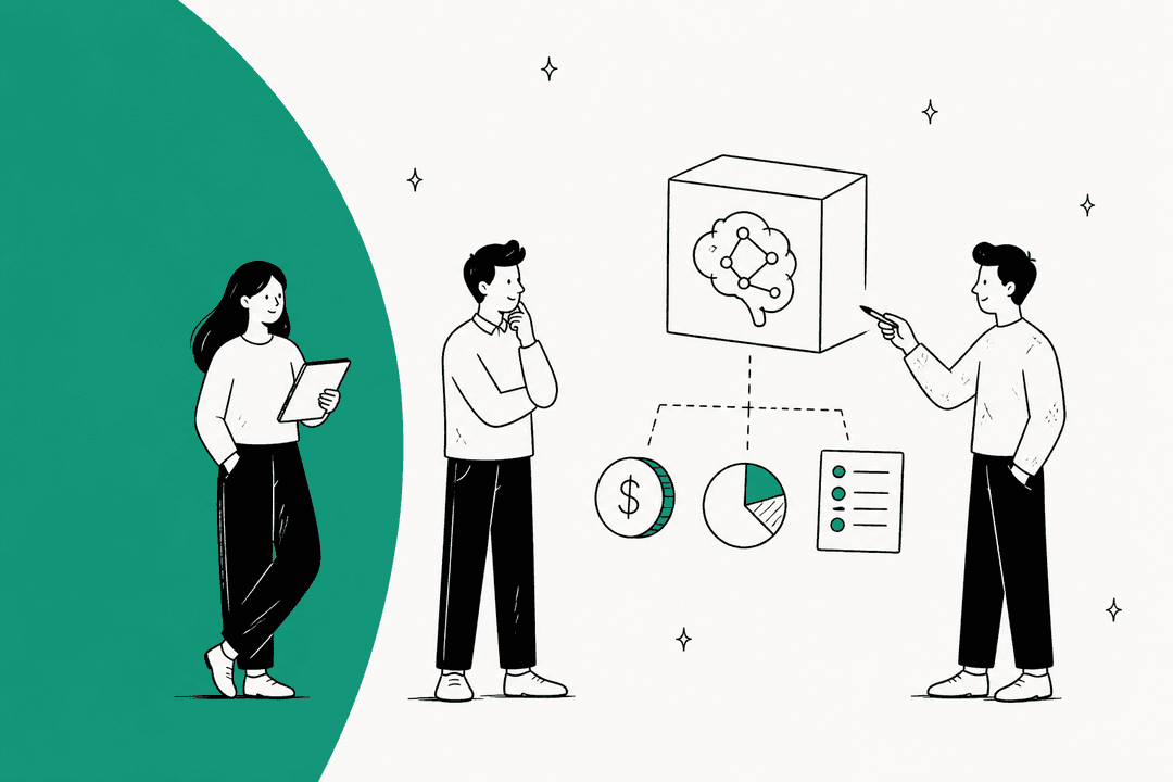 Illustrated team weighing the cost of a premium reasoning model API, with a green half circle on the left