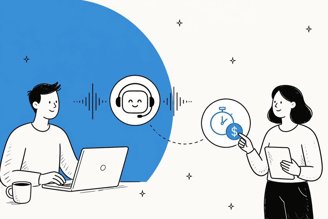 Hand-drawn illustration of a person talking to a voice AI agent while a colleague points at a stopwatch with a dollar coin