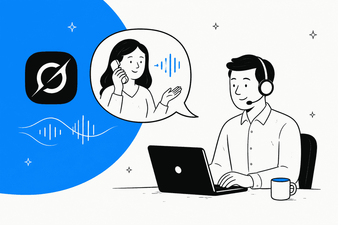 Hand-drawn illustration of a support agent with a headset at a laptop, a caller in a speech bubble, and the Grok logo on a blue shape