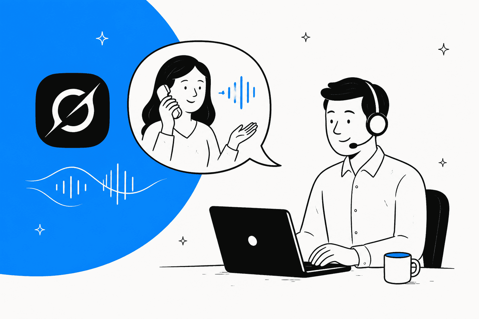 Hand-drawn illustration of a support agent with a headset at a laptop, a caller in a speech bubble, and the Grok logo on a blue shape