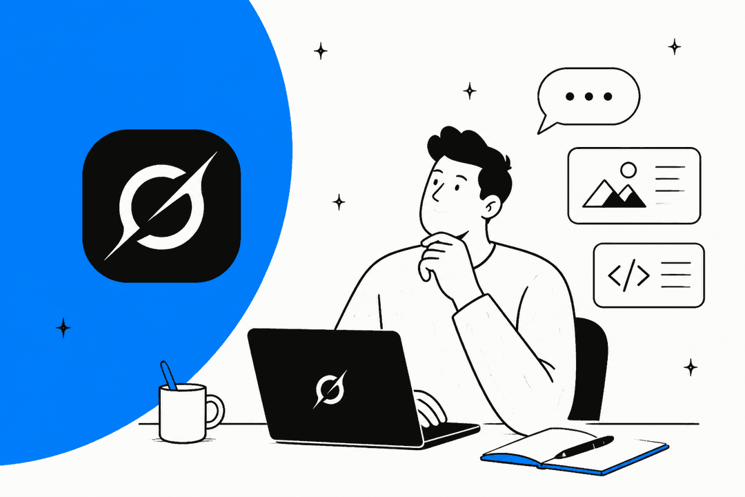 Hand-drawn illustration of a developer at a laptop thinking, with the Grok logo on a blue shape beside him