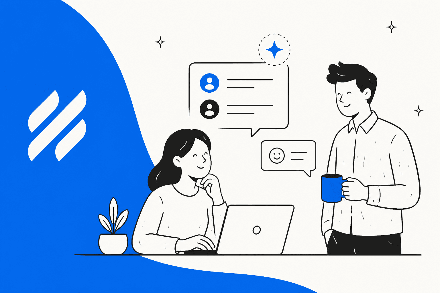 Hand-drawn illustration of two support colleagues chatting at a laptop beside chat bubbles, with the Help Scout logo on a blue curved block