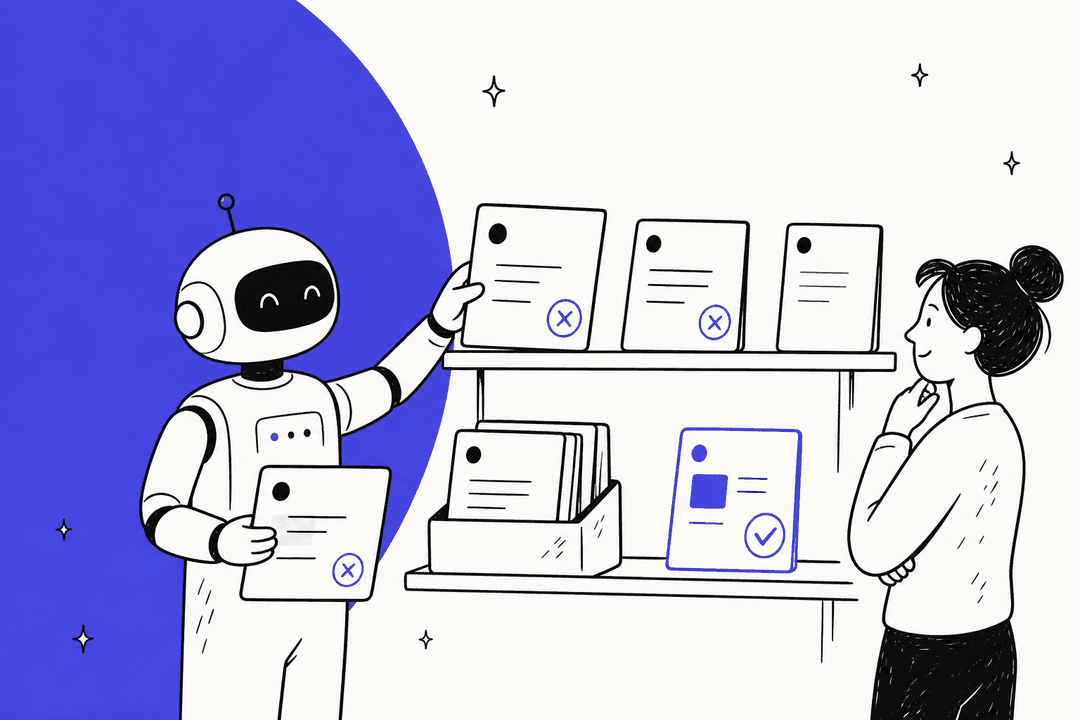 Hand-drawn illustration of a friendly robot agent sorting help-center article cards on a shelf, some marked stale, while a support lead reviews one fresh draft with a checkmark