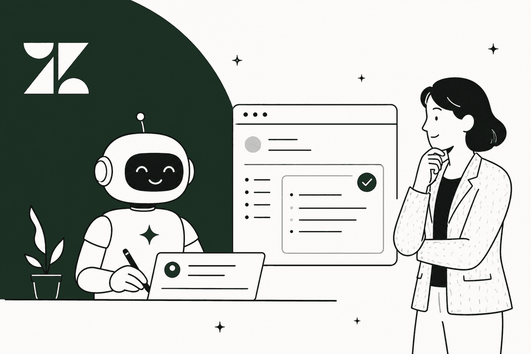Hand-drawn illustration of a friendly robot agent writing a ticket note at a laptop next to the Zendesk logo while a support lead looks on