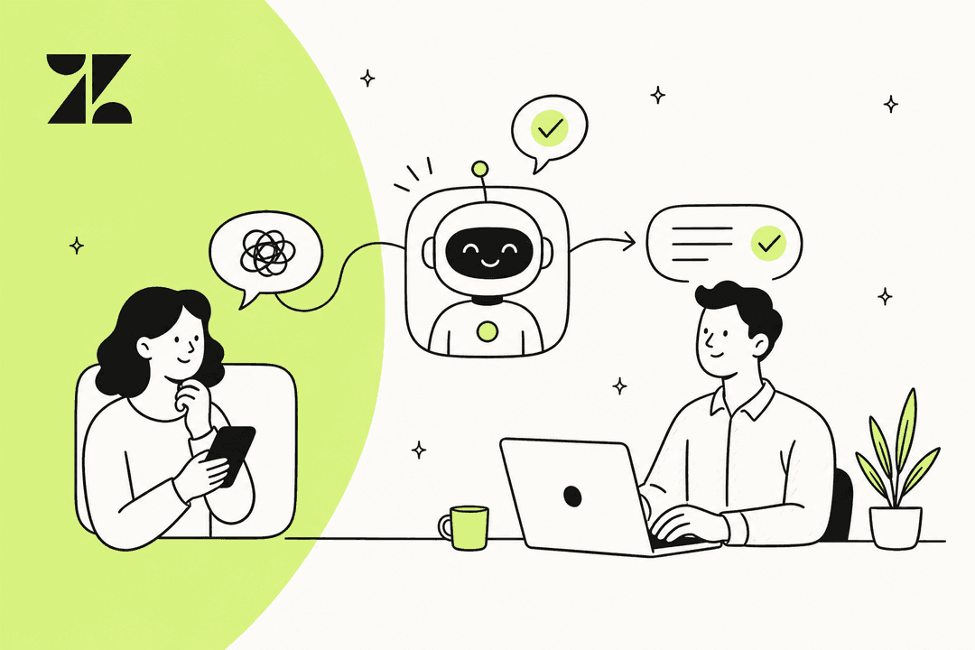 Hand-drawn illustration of a customer, an AI agent and a support agent reducing Zendesk ticket volume