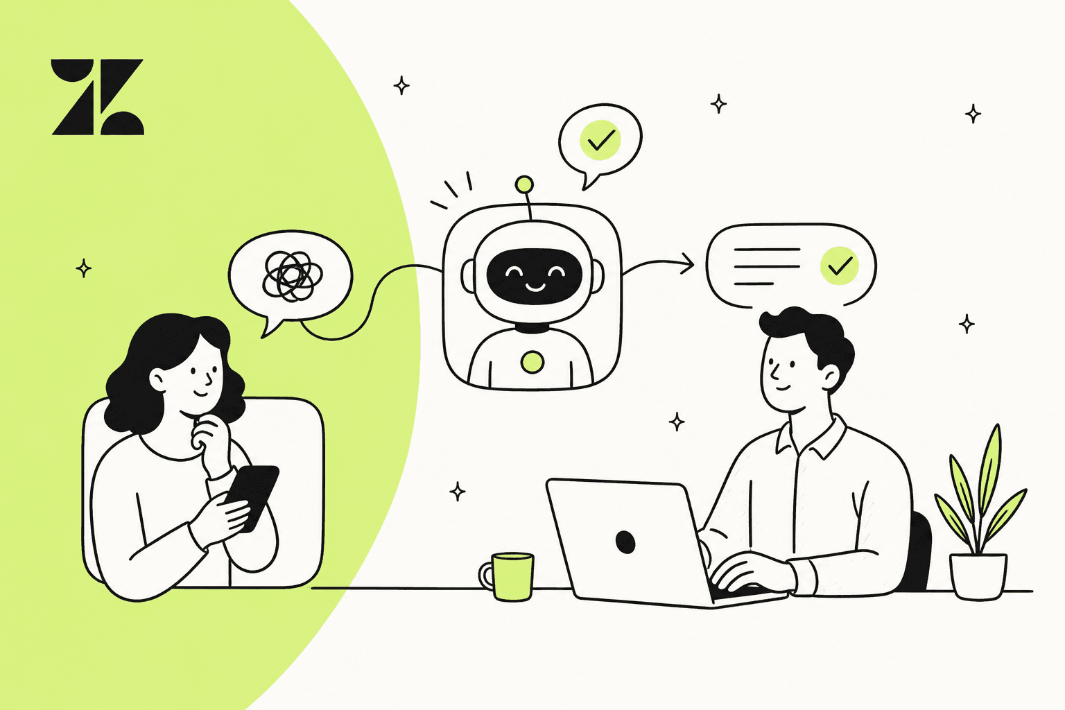 Hand-drawn illustration of a customer, an AI agent and a support agent reducing Zendesk ticket volume