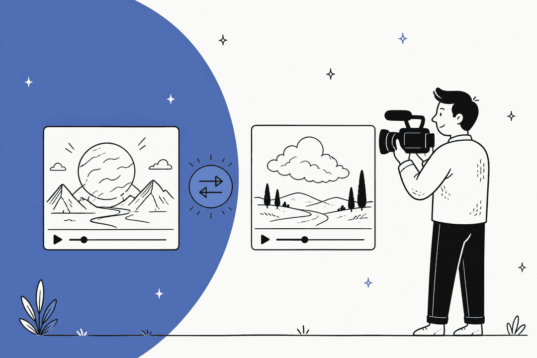 Hand-drawn illustration of a person filming with a video camera between two AI video clips, for the Grok Imagine vs Sora comparison