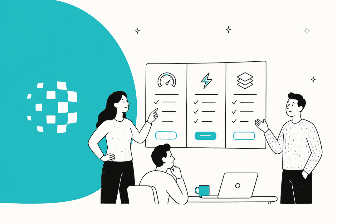Three people discuss a three-column pricing board next to the Inception logo on a teal shape