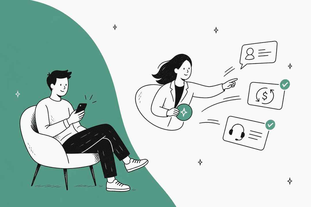 Hand-drawn hero banner of a man relaxing in a chair texting on his phone while a friendly AI agent sends off follow-up cards for a contact, a refund and a support ticket