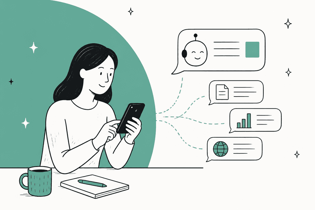 Hand-drawn illustration of a person texting a phone with a friendly robot chat bubble and dashed lines to a document, a bar chart and a globe, on a sage green background