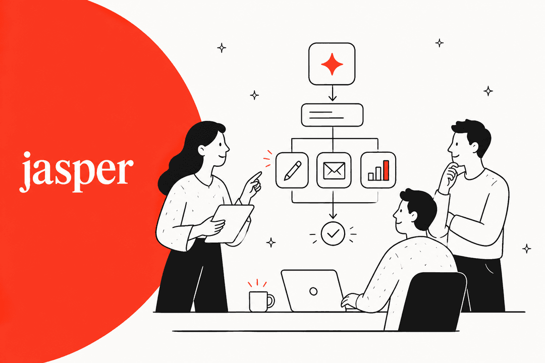 Illustration of a marketing team reviewing a Jasper AI content workflow, titled The ultimate Jasper overview for 2026