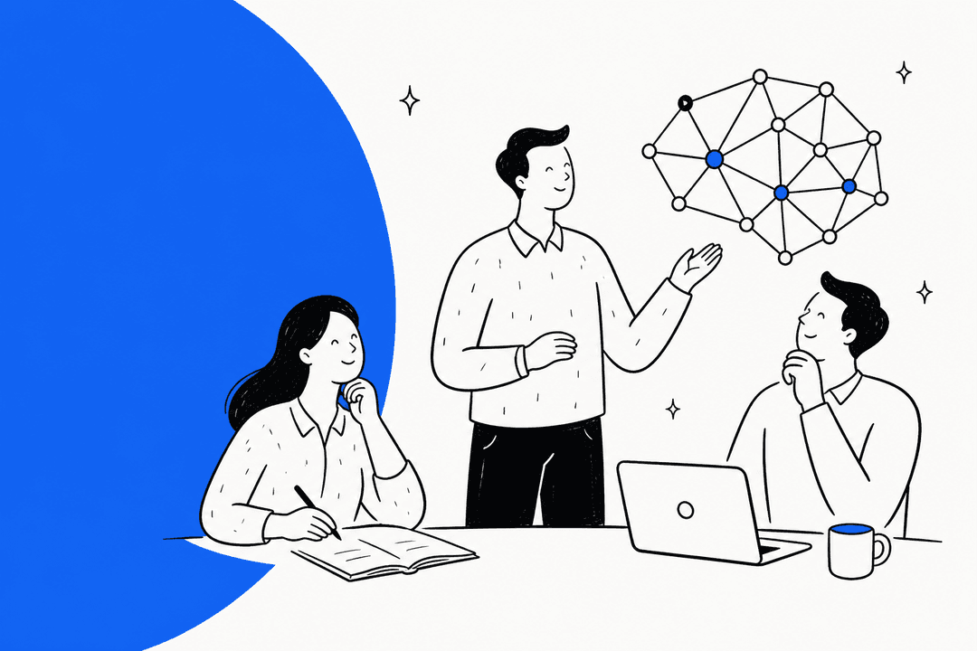 Hand-drawn illustration of three people at a table discussing a network diagram, representing a review of the Kimi K3.1 Pro AI model