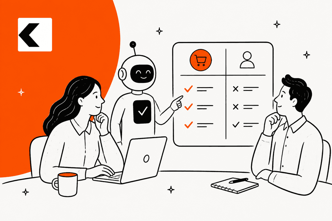 Hand-drawn illustration of two people reviewing an AI agent's checklist of results on a whiteboard, with the Kodif logo