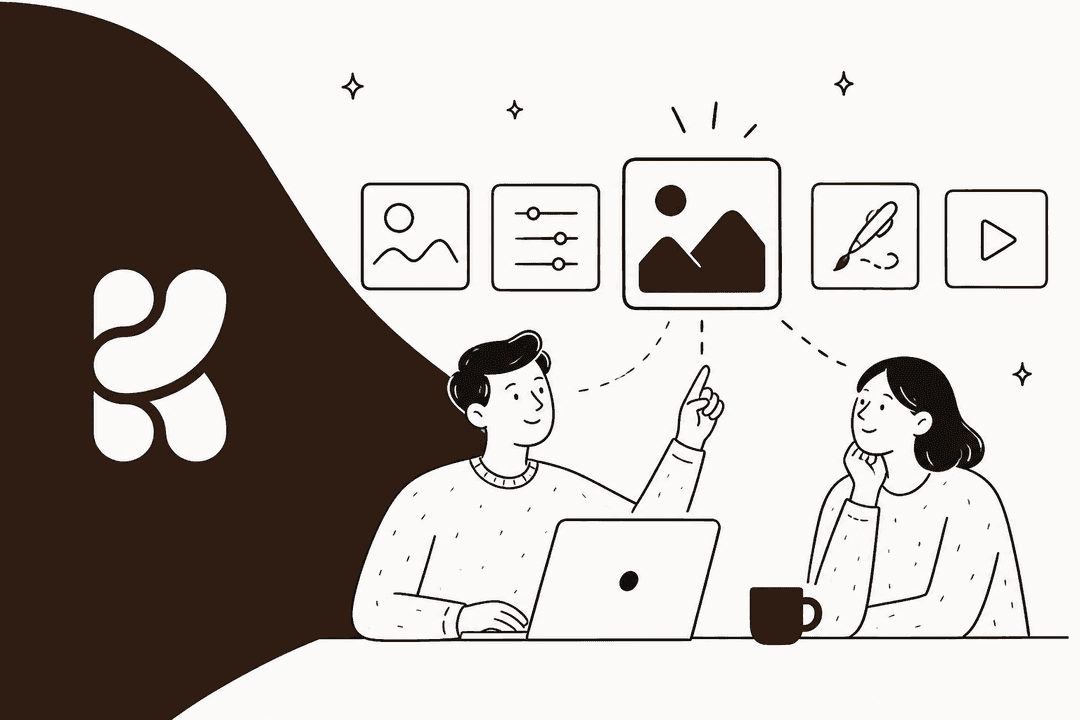 Hand-drawn illustration of two people at a laptop comparing a row of image editing tool icons, beside a dark brown panel with the Krea logo