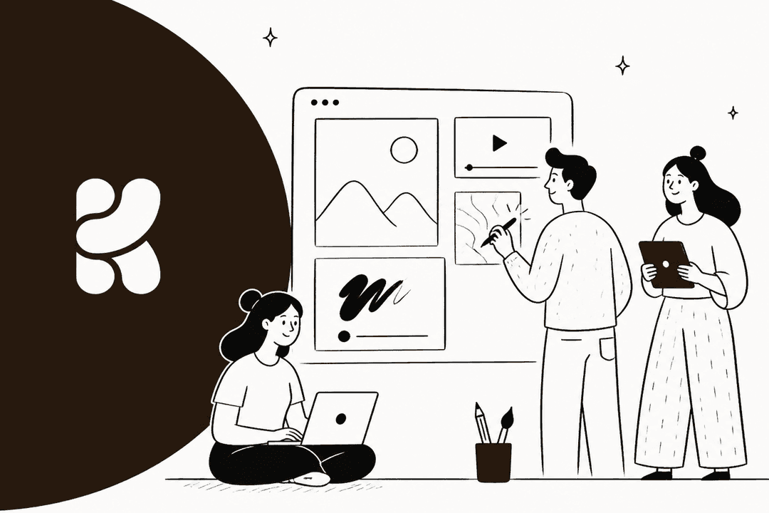 Hand-drawn illustration of a creative team editing images and video on a large board beside the Krea logo, for a post about Krea 3