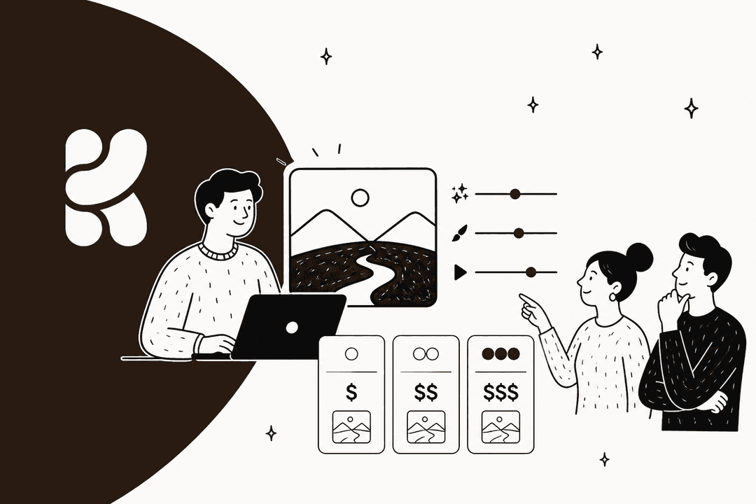 Hand-drawn illustration of a person at a laptop editing a landscape image beside a dark brown Krea logo panel, with three price cards marked $, $$ and $$$ and two colleagues pointing at them