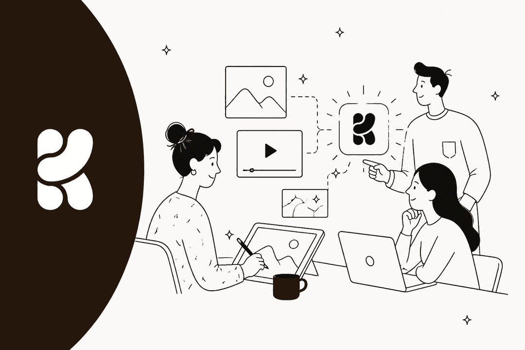 Hand-drawn illustration of three people reviewing images and video around a Krea logo node, beside a large dark brown Krea logo panel, for a Krea 3 review