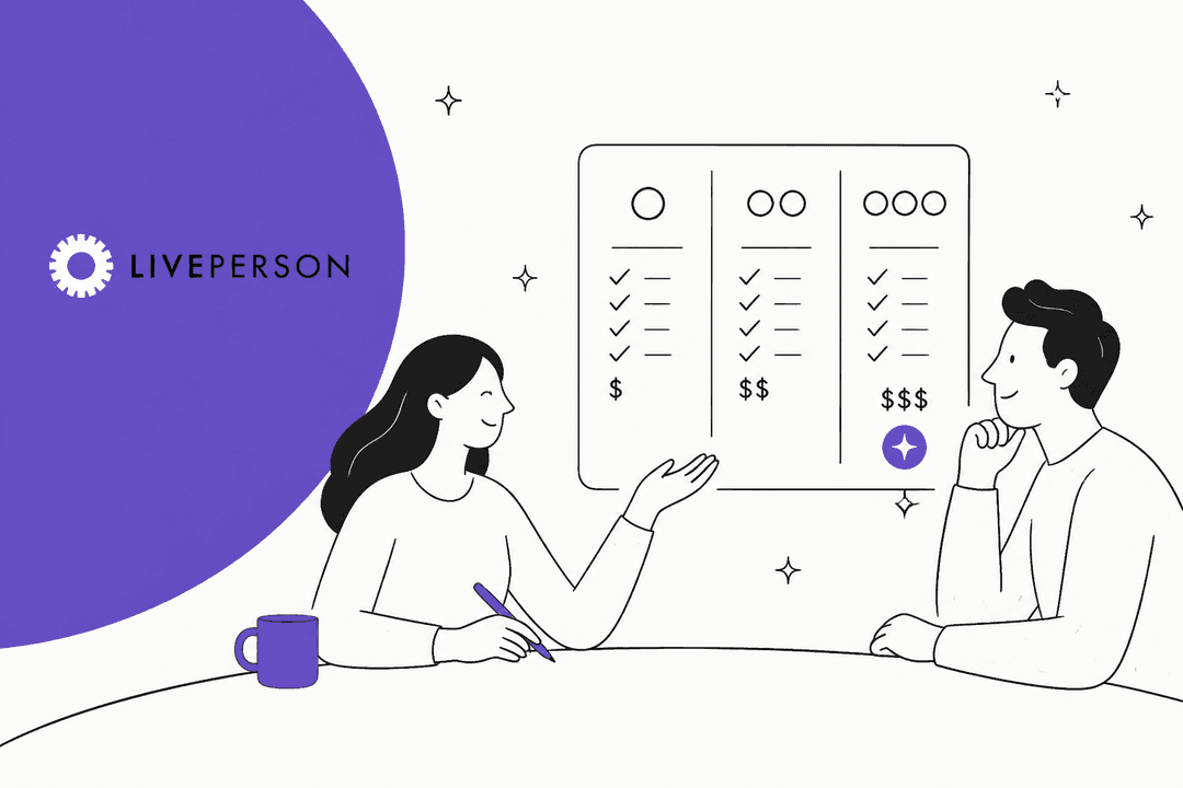 Hand-drawn illustration of two people comparing LivePerson Bronze, Silver and Gold pricing tiers on a board