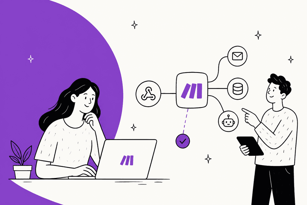 Hand-drawn illustration of two people building a Make scenario, with the Make logo in the center connected to email, database, webhook and bot icons