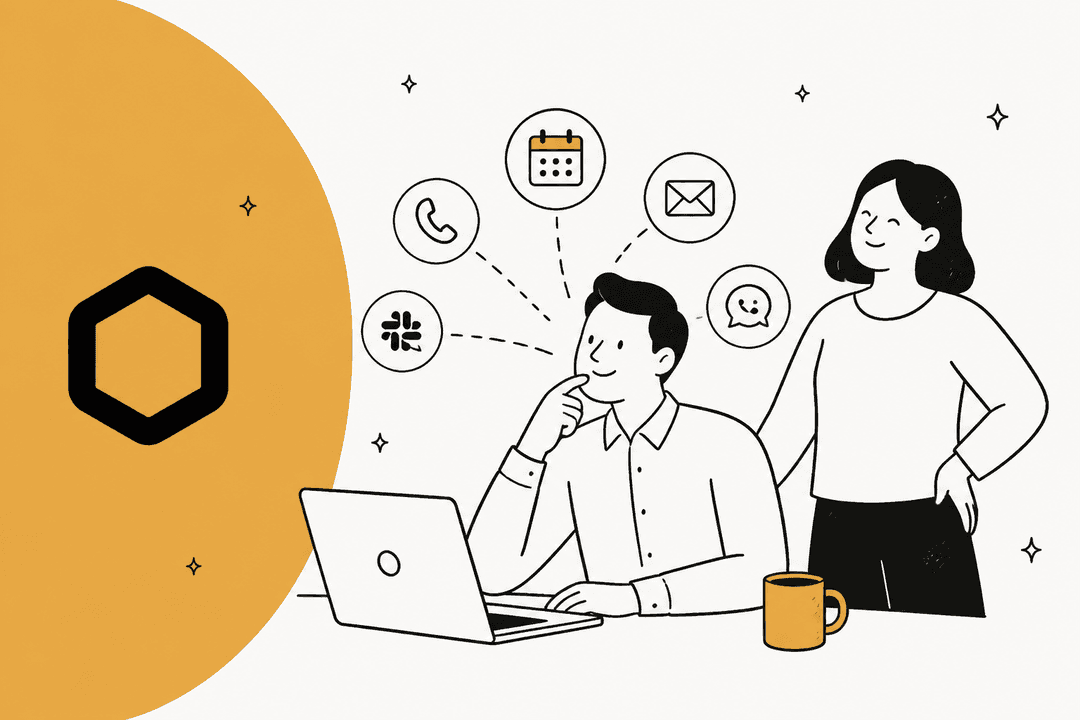 Hand-drawn hero banner of a person at a laptop thinking, with phone, calendar, email, chat and Slack icons around him, a colleague standing beside him and the Martin logo on an amber shape