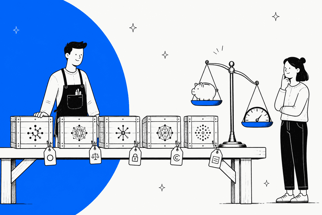 Hand-drawn illustration of a workbench lined with model weight crates, each with a different license tag, next to a scale weighing price against benchmark score, for a roundup of Meta Muse Spark Open alternatives