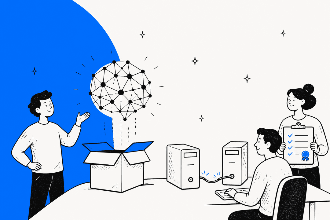 A person unboxing a glowing network sphere while a colleague wires two desktop computers together and a third holds a checklist with a ribbon, in Meta blue