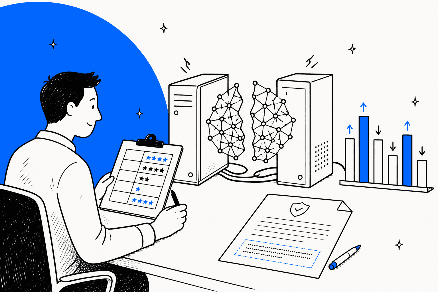 Hand-drawn illustration of a reviewer scoring a large AI model split across two desktop computers, with a license document and mixed benchmark bars, for a Meta Muse Spark Open review