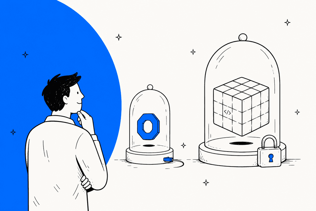 A person studying two glass display domes, a small open one wired to a cable and a larger one holding a cube behind a padlock, in Meta blue