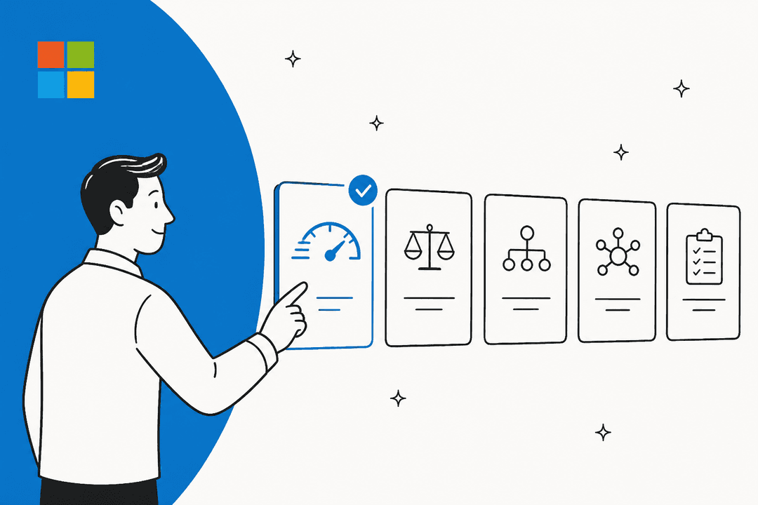 Hand-drawn hero banner in Microsoft blue: a developer points at a row of five option cards, the first one picked, next to the Microsoft logo