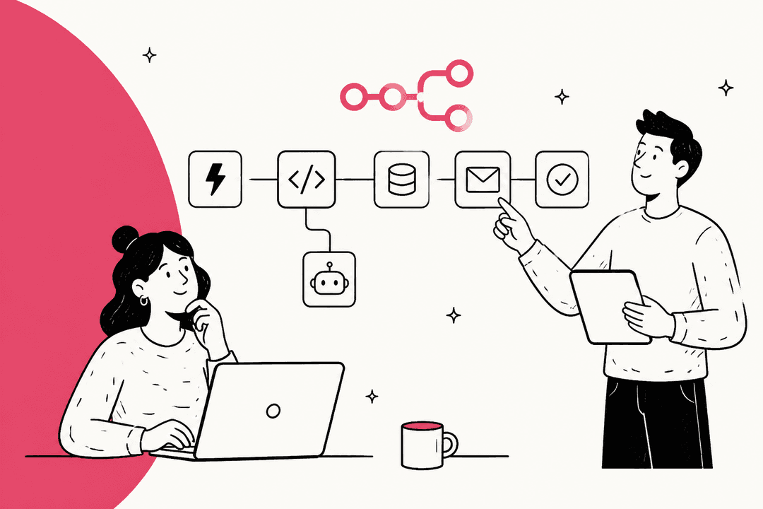 Hand-drawn illustration of two people building an n8n workflow of connected nodes, with the n8n logo