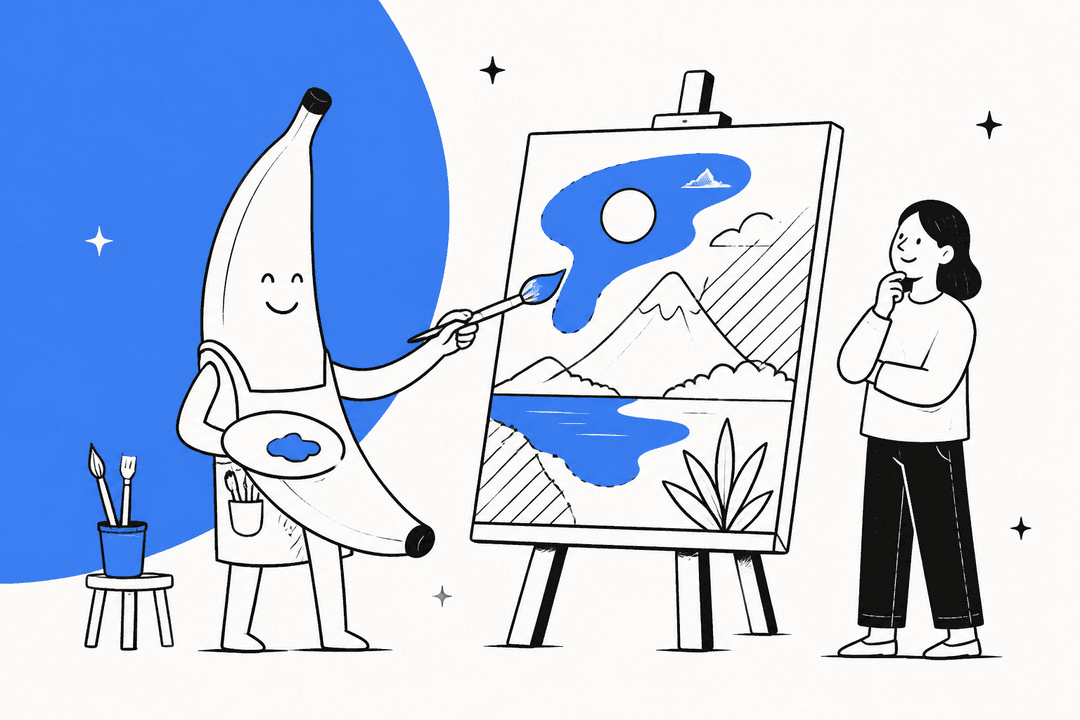 Hand-drawn illustration of a cheerful banana character painting and editing a landscape on an easel while a person watches, representing Google's Nano Banana 2.1 image model