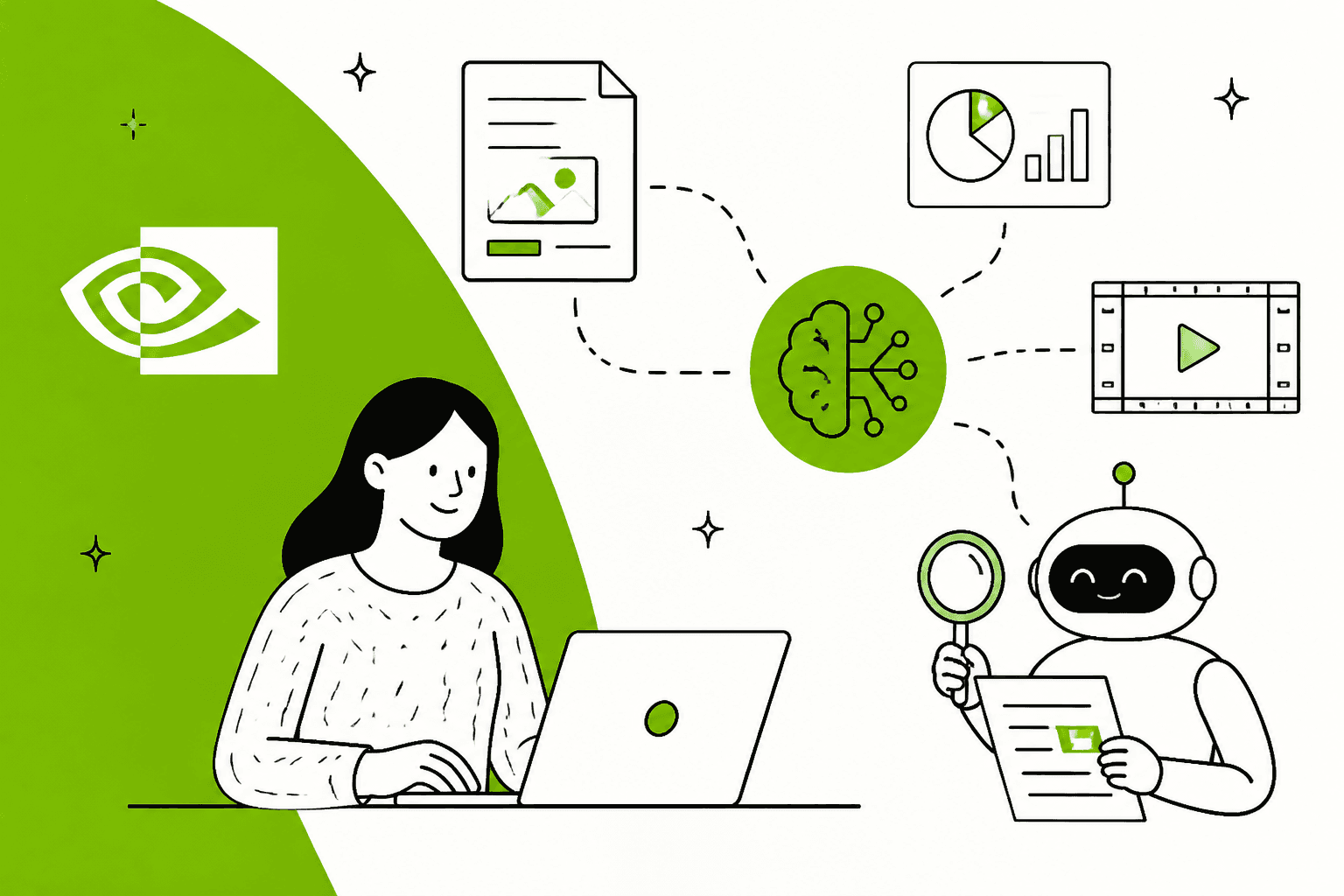 A person at a laptop next to the NVIDIA logo while a friendly robot reads a document, with a chart, a video frame and a page connected to a central AI node, in NVIDIA green