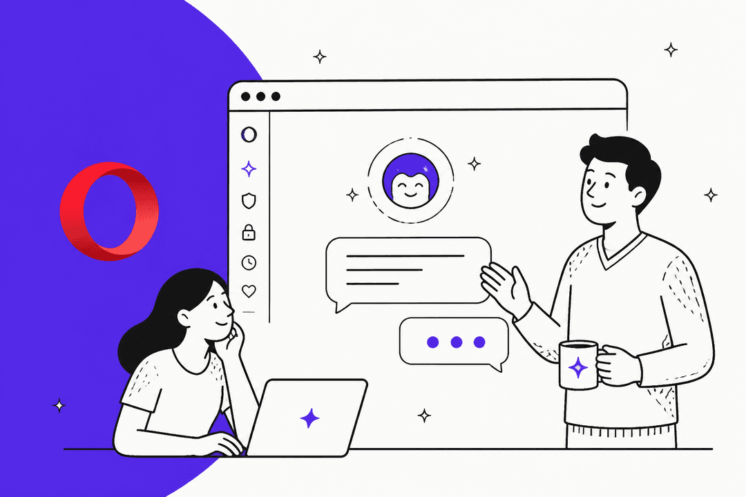 Hand-drawn illustration of two people chatting beside a browser window with an AI chat panel, with the Opera logo on a purple half circle, for the 2026 Opera Aria overview