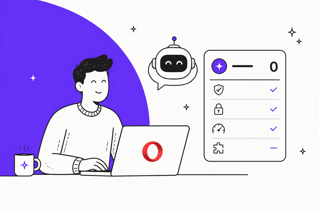 Hand-drawn illustration of a person at a laptop beside a feature checklist, with the Opera logo on the screen, for Opera Aria pricing in 2026