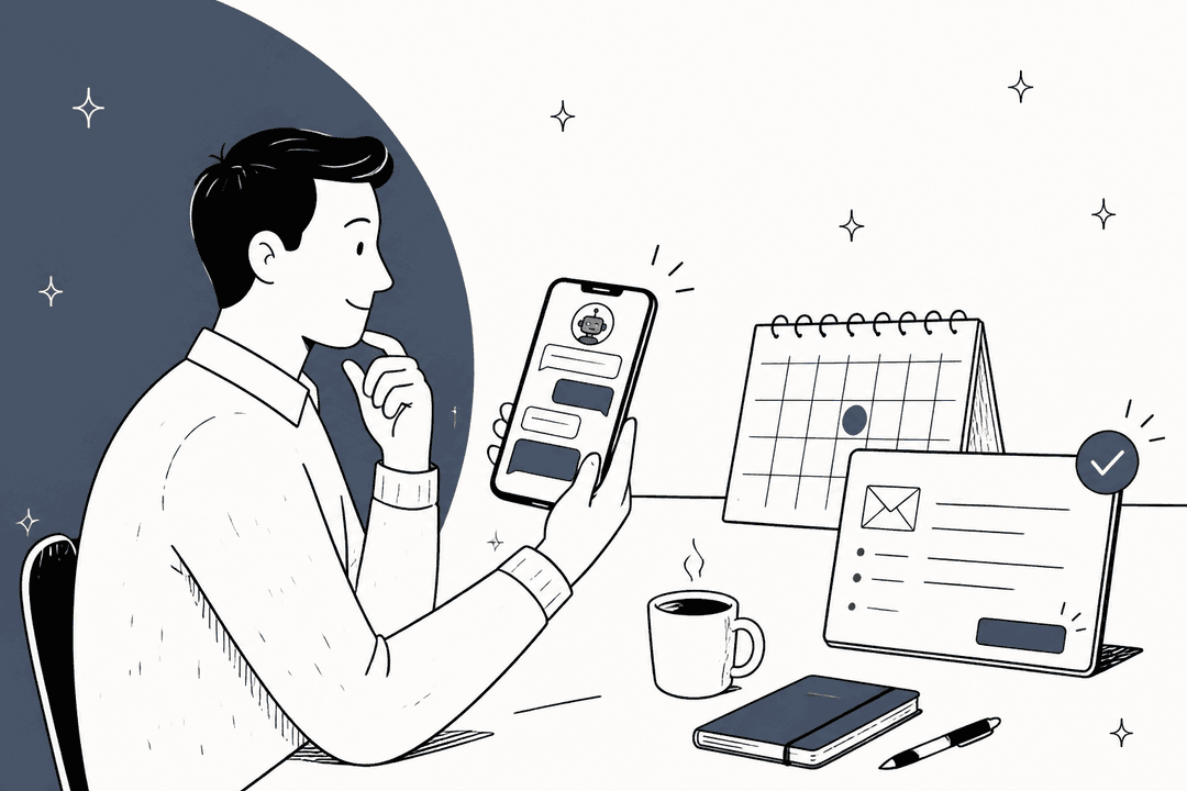Hand-drawn hero in slate blue: a person at a desk reading a text thread on their phone next to a calendar and a drafted email marked ready to send