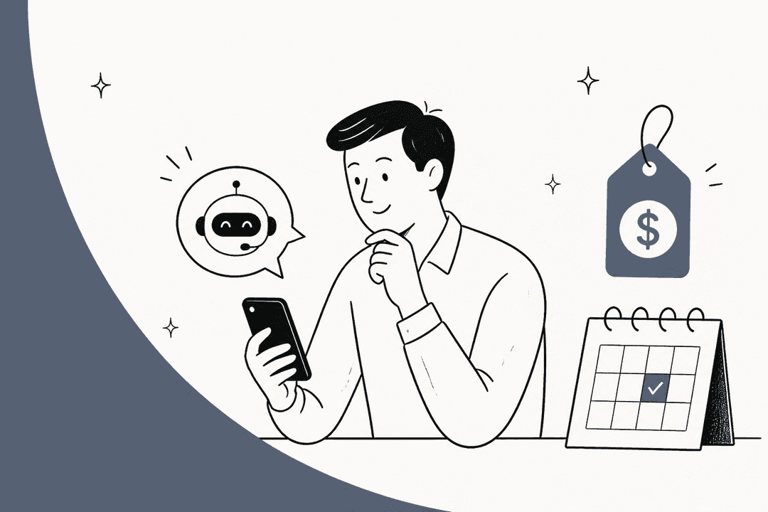 Hand-drawn hero banner of a person smiling at their phone while an assistant chat bubble pops up, next to a price tag and a calendar with one day checked