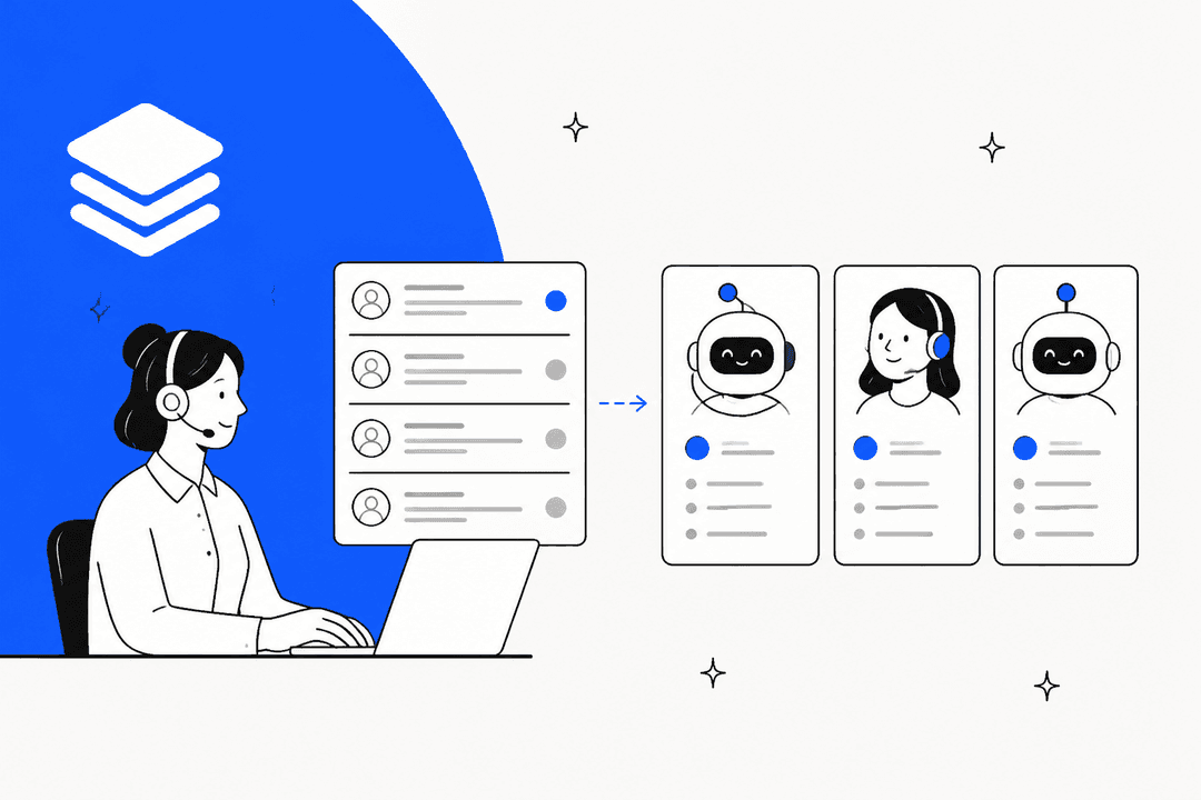 Hand-drawn illustration of a support agent at a laptop next to a ticket queue, with three AI assistant cards lined up as options