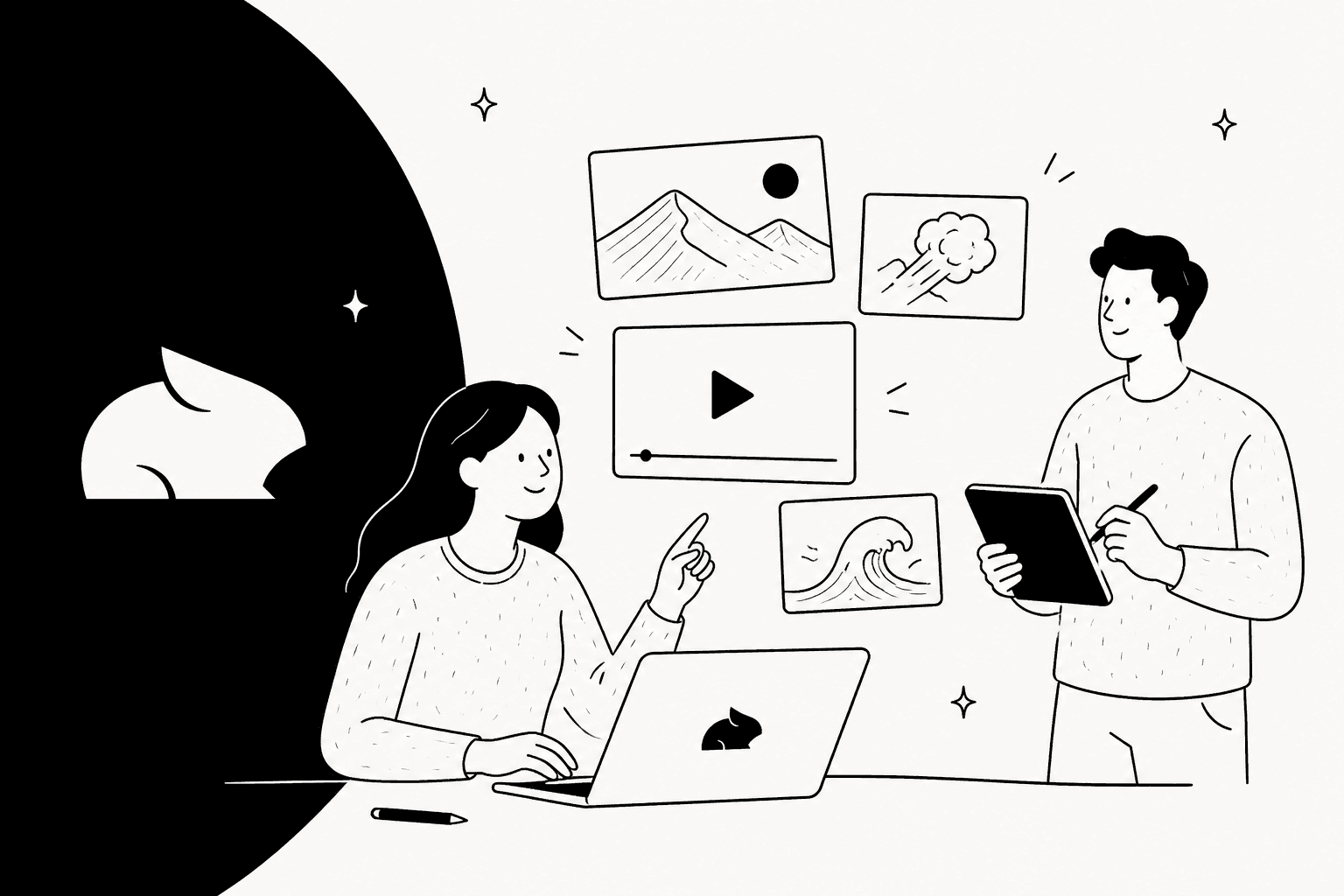 Hand-drawn illustration of two creators with a laptop and video thumbnails beside the Pika logo