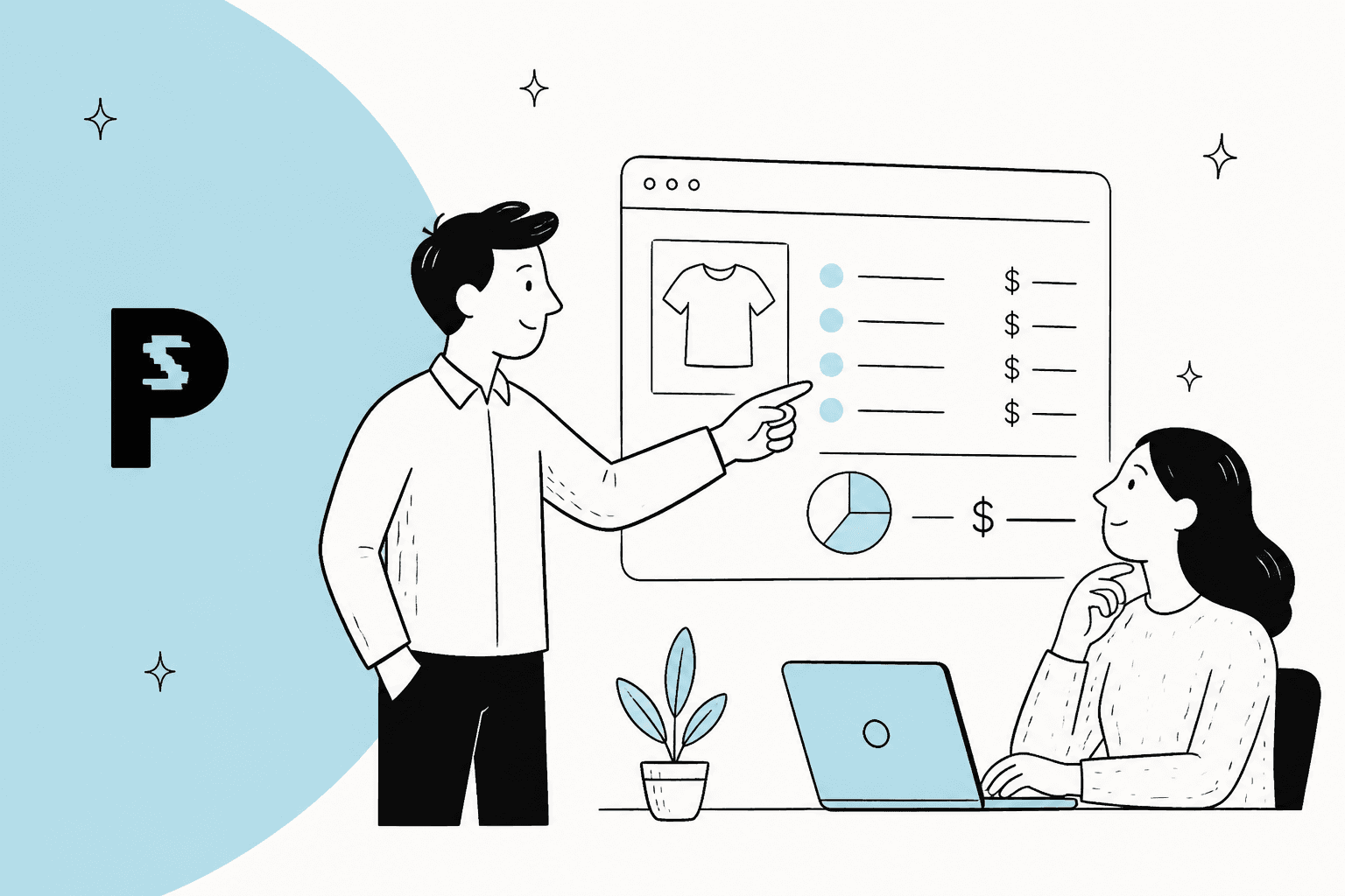 Hand-drawn illustration of two people reviewing a PrestaShop store pricing breakdown