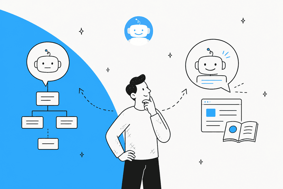 Quriobot alternatives hero banner, a hand-drawn man choosing between a scripted chatbot flowchart on a sky blue background and an AI chat bot answering from a help center