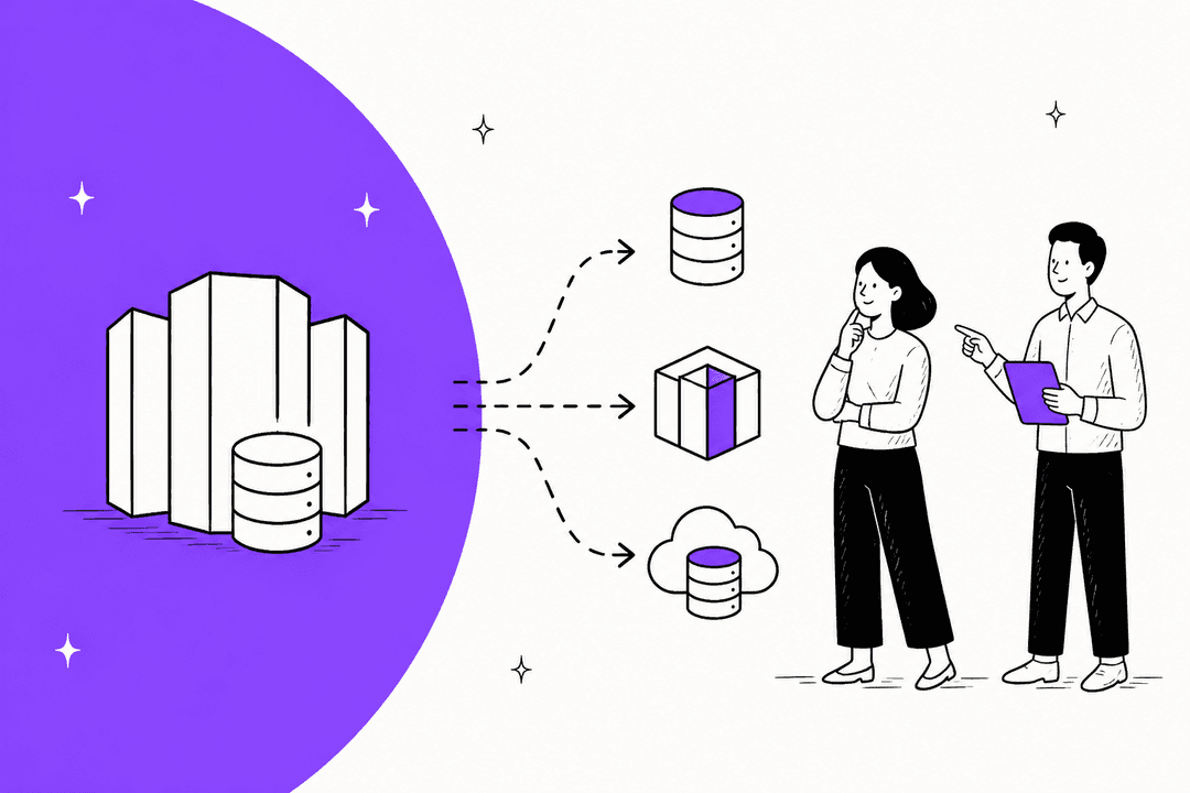 Hand-drawn illustration of a data warehouse with arrows pointing to three alternative databases while two people review them