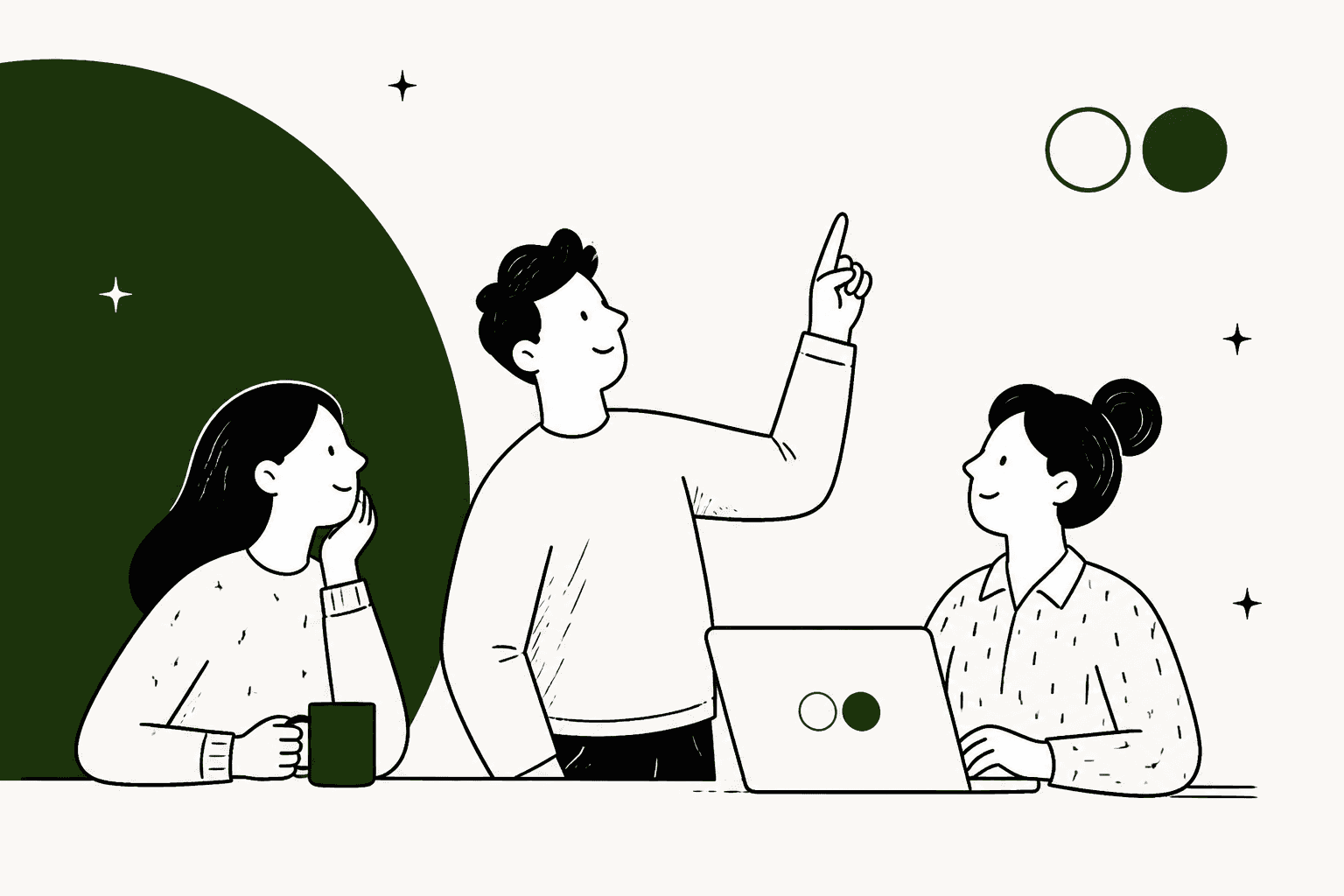 Hand-drawn illustration of three people at a laptop looking up at an idea, in Reflection AI's dark green