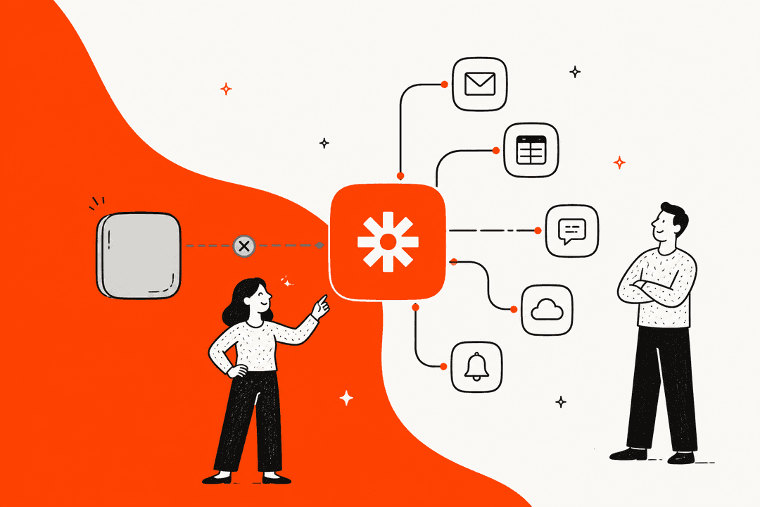 A person pointing at the Zapier mark connected to app icons, with a faded grey box beside it representing a shut-down tool