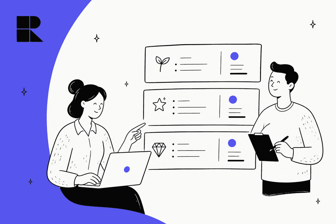 Rep AI pricing hero banner, a hand-drawn woman at a laptop pointing at three stacked plan cards while a colleague takes notes, with the Rep AI mark on a violet shape